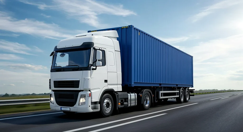 semi-truck-carrying-blue-shipping-container 1